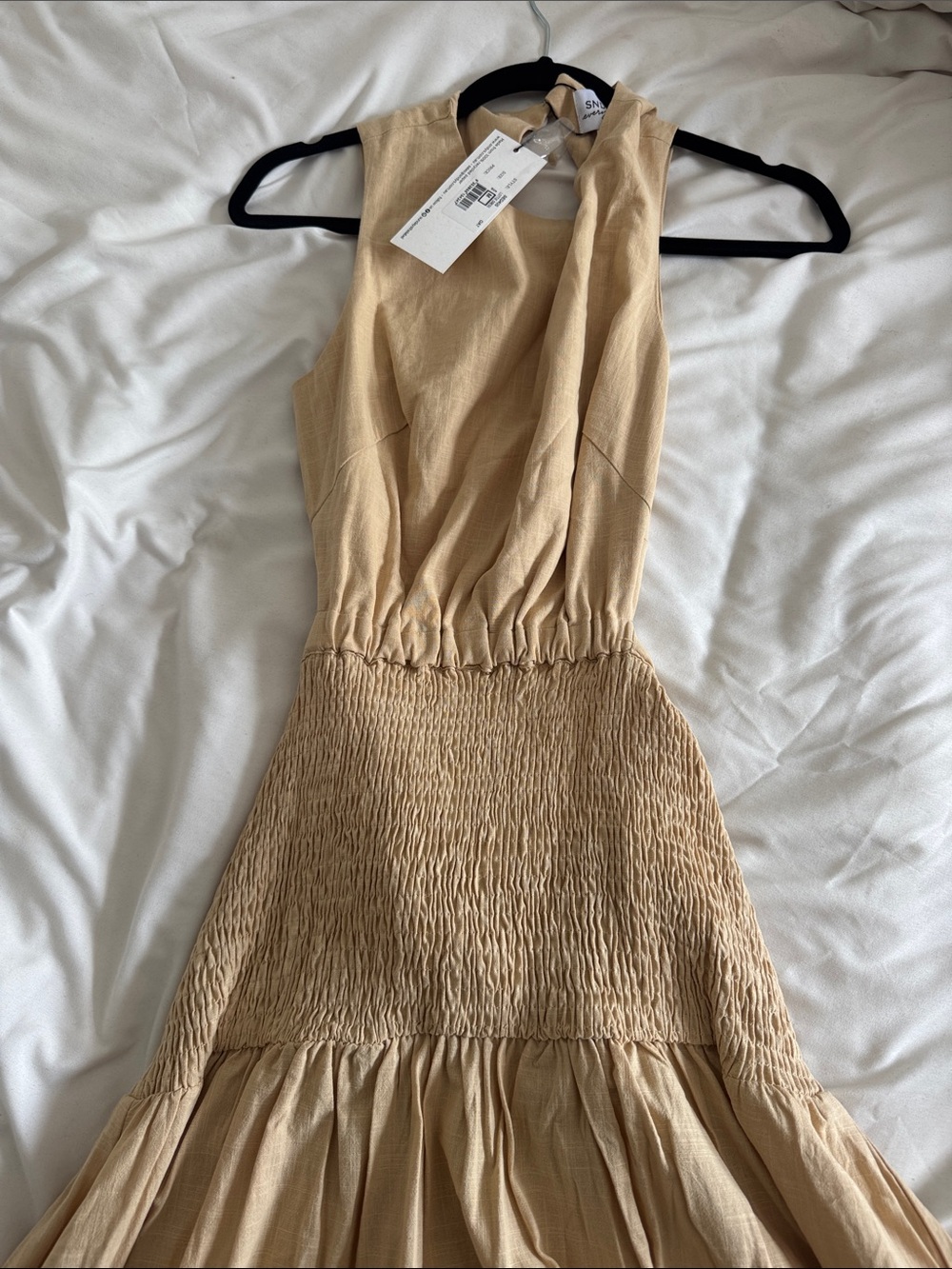 Sleeveless Shirred-Waist Maxi Dress in Beige